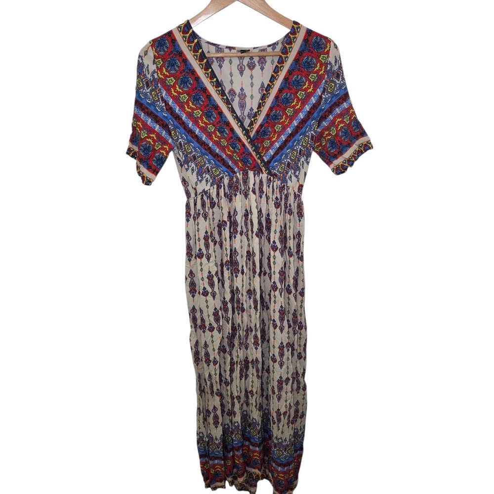 Printed Bohemian Maxi Dress Womens Medium Short Sleeve V Neck‎ Festival Hippie